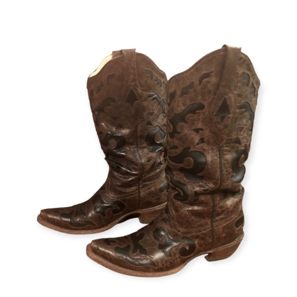 CORRAL Vintage Snip Toe Cowboy Boots Brown Black Size 7 - Picture 1 of 12